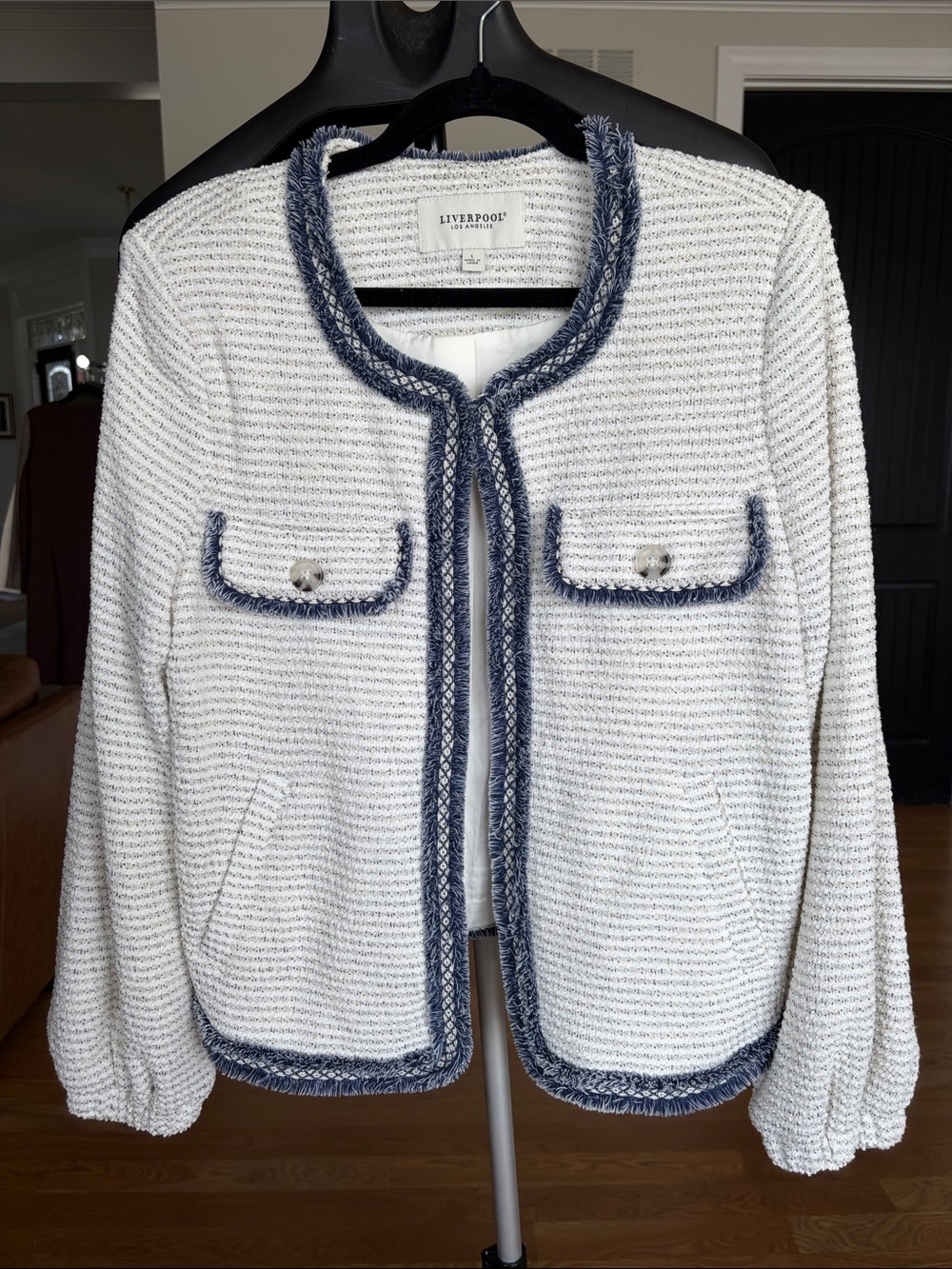 Liverpool White Knit Jacket with Navy Trim